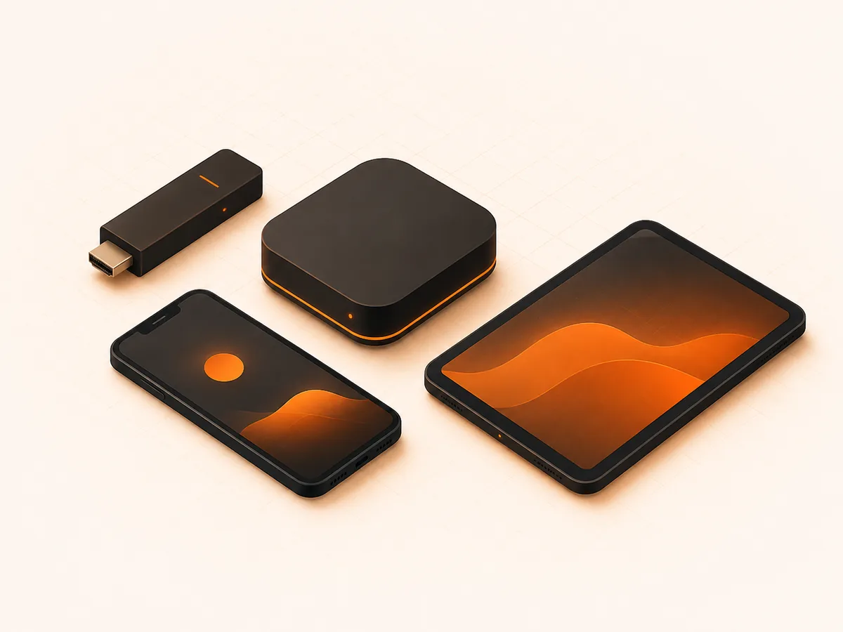 A streaming stick, TV box, phone and tablet arranged in a diagonal